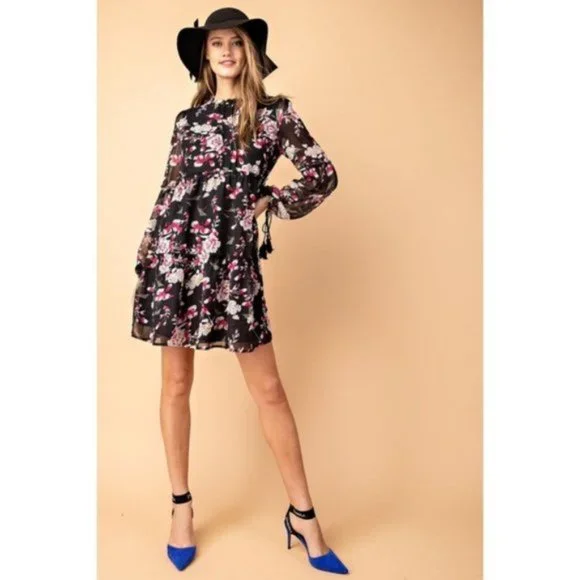 Davi & Dani Black Floral Long Sleeve Dress - Picture 5 of 11